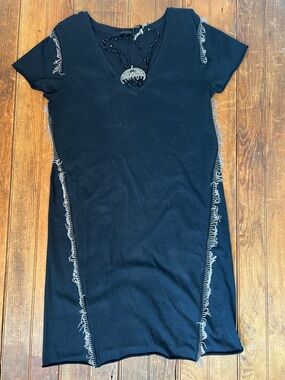 All Saints Dress Black Short Sleeve t shirt mini dress  V-with metal fringe